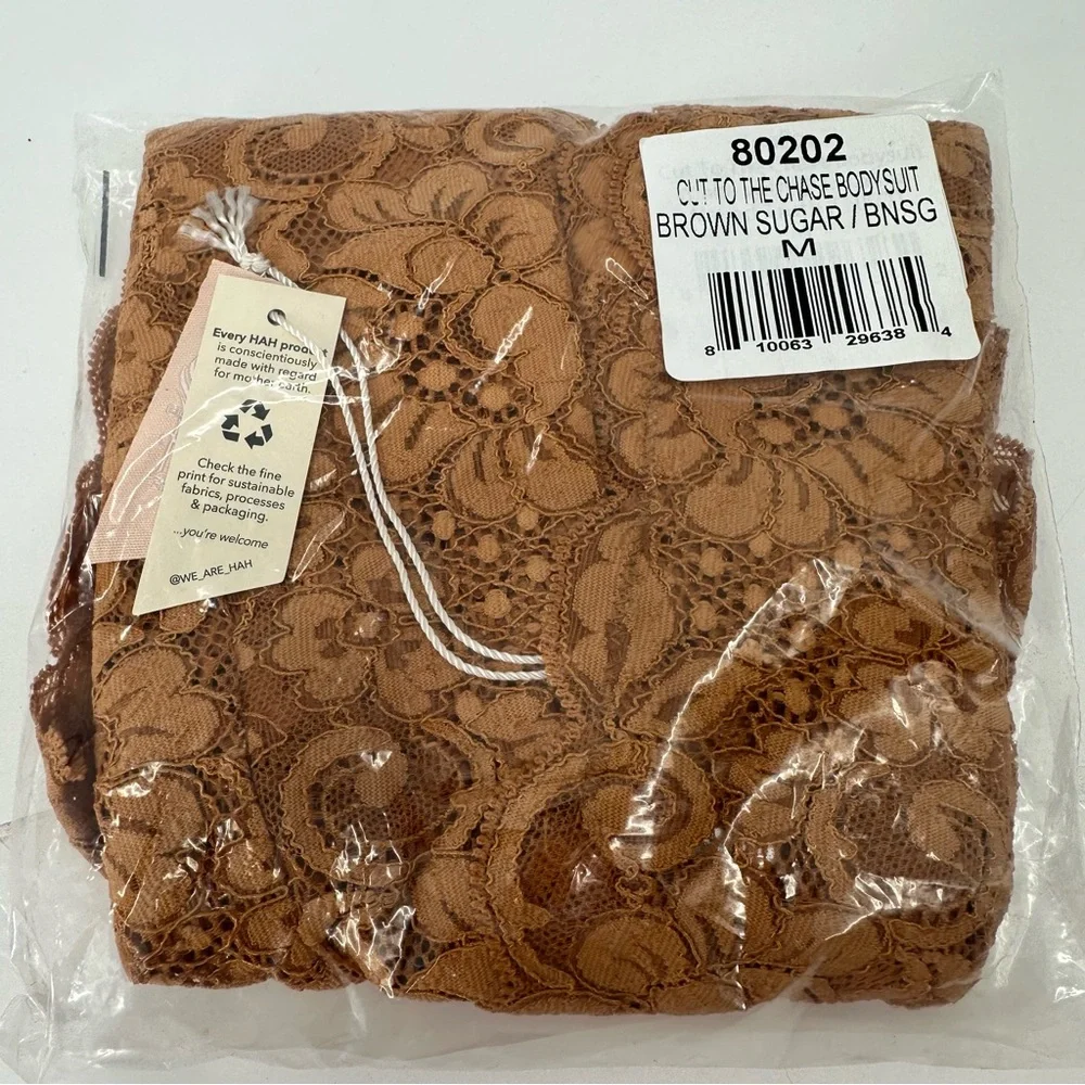 We are Hah Cut to the Chase Lace Bodysuit Brown Sugar Medium New with Tags